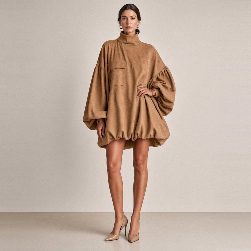 Robe courte ballon effet daim camel – vue de face