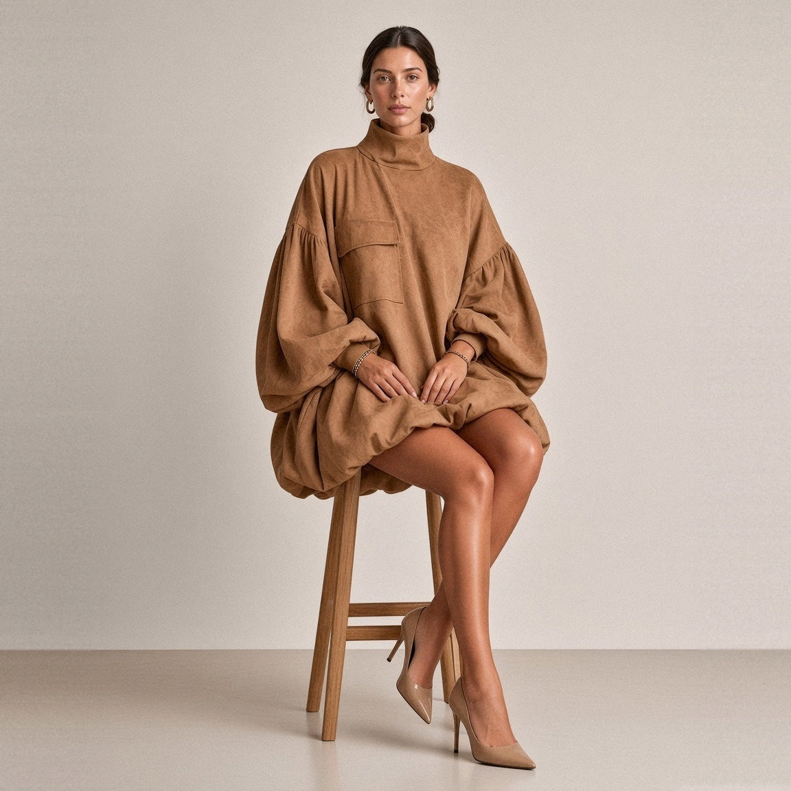 Robe ballon effet daim camel portée assise