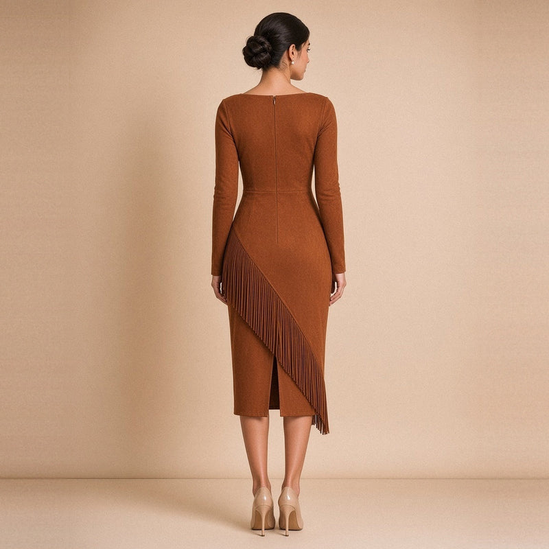 Robe midi effet daim caramel à franges – vue de dos