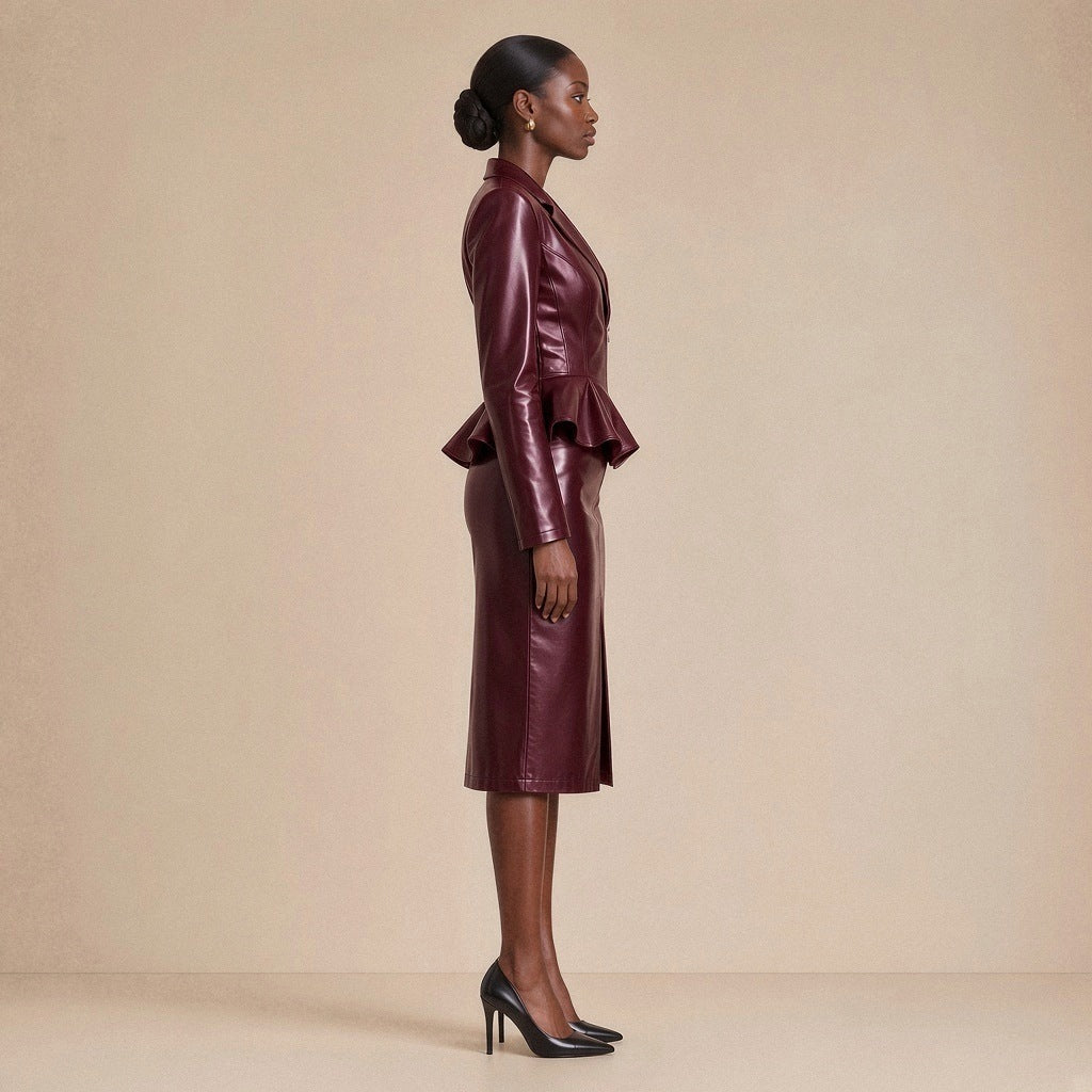 Tailleur effet cuir, veste zippée à basque et jupe crayon fendue, bordeaux profond, porté de profil