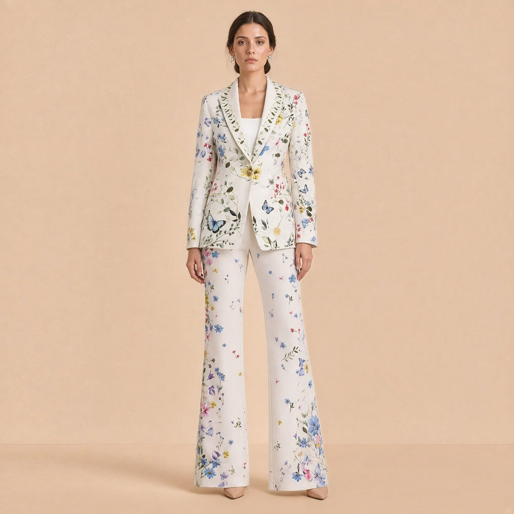 Tailleur pantalon blanc imprimé fleurs des champs, blazer ajusté et pantalon évasé, vue de face