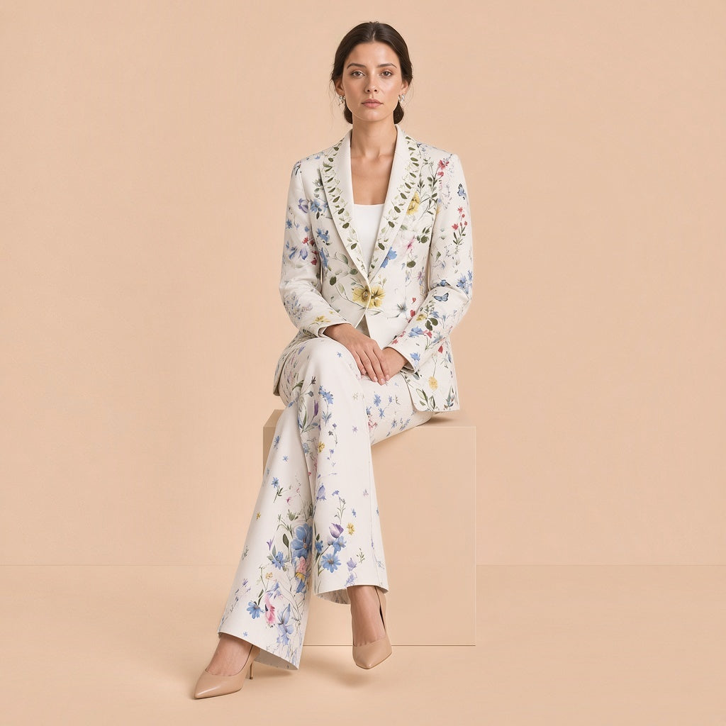 Tailleur blanc fleuri porté assis, pantalon évasé