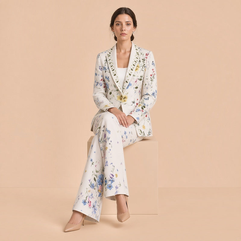 Tailleur blanc fleuri porté assis, pantalon évasé