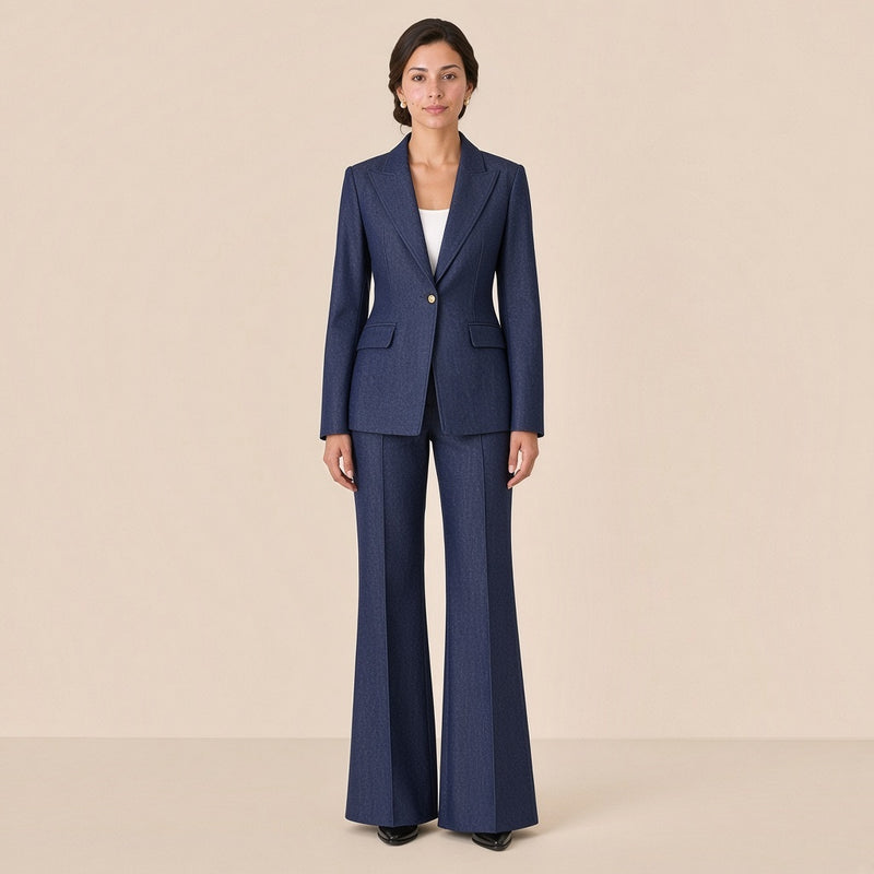 Tailleur pantalon effet denim bleu foncé, blazer ajusté et pantalon évasé, vue de face