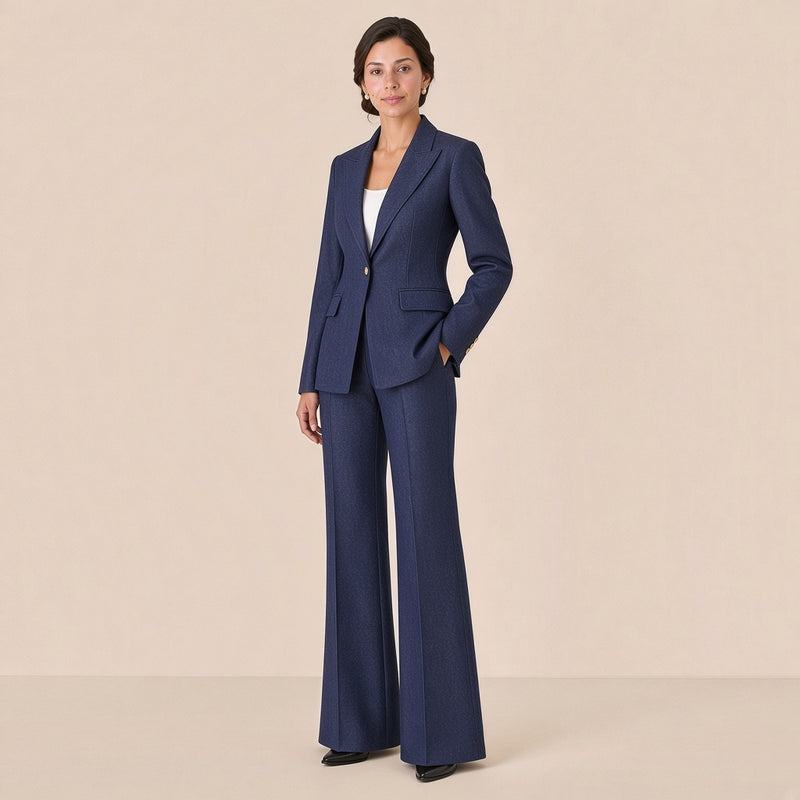 Tailleur effet denim, vue de trois quarts, main dans la poche