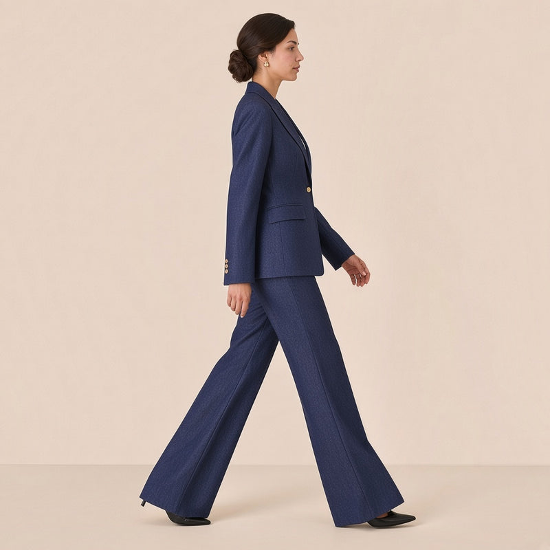 Tailleur effet denim, vue de profil en marchant, pantalon évasé