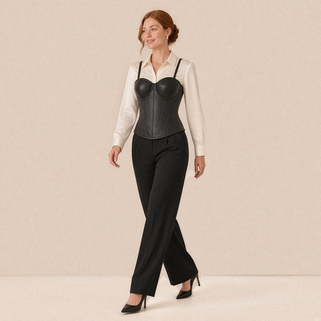 Top corset bustier simili cuir effet croco SAKIWE, coloris noir, en marche