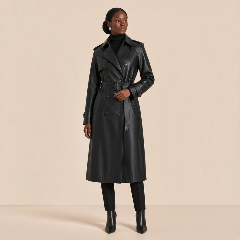 Trench long aspect cuir noir, vue de trois quarts, main sur la ceinture