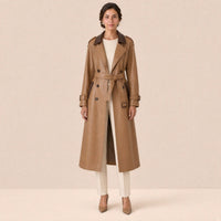 Trench long en cuir et microfibre à double boutonnage et ceinture
