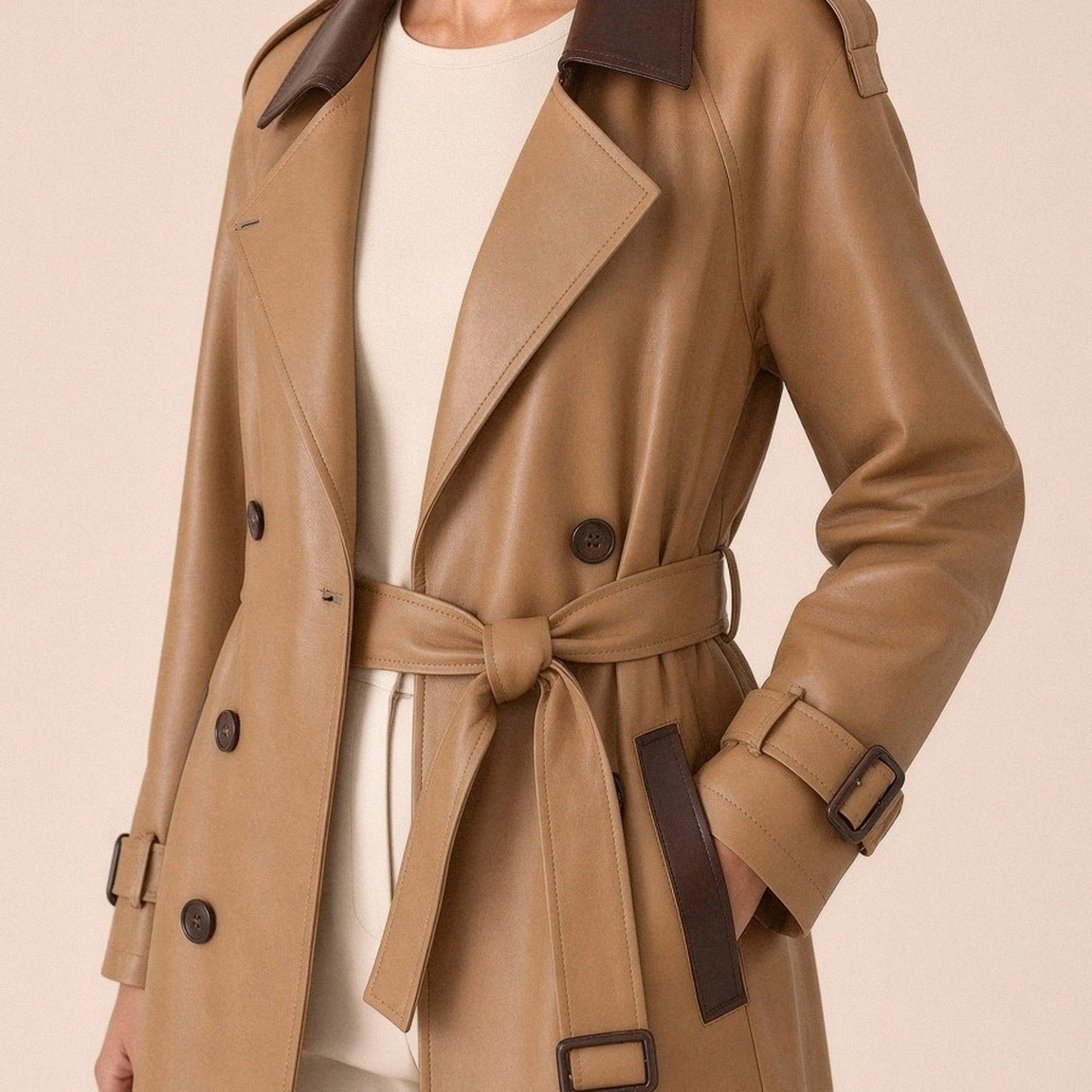 Trench long en cuir et microfibre SAKIWE camel contrasté, gros plan sur le double boutonnage et la poche