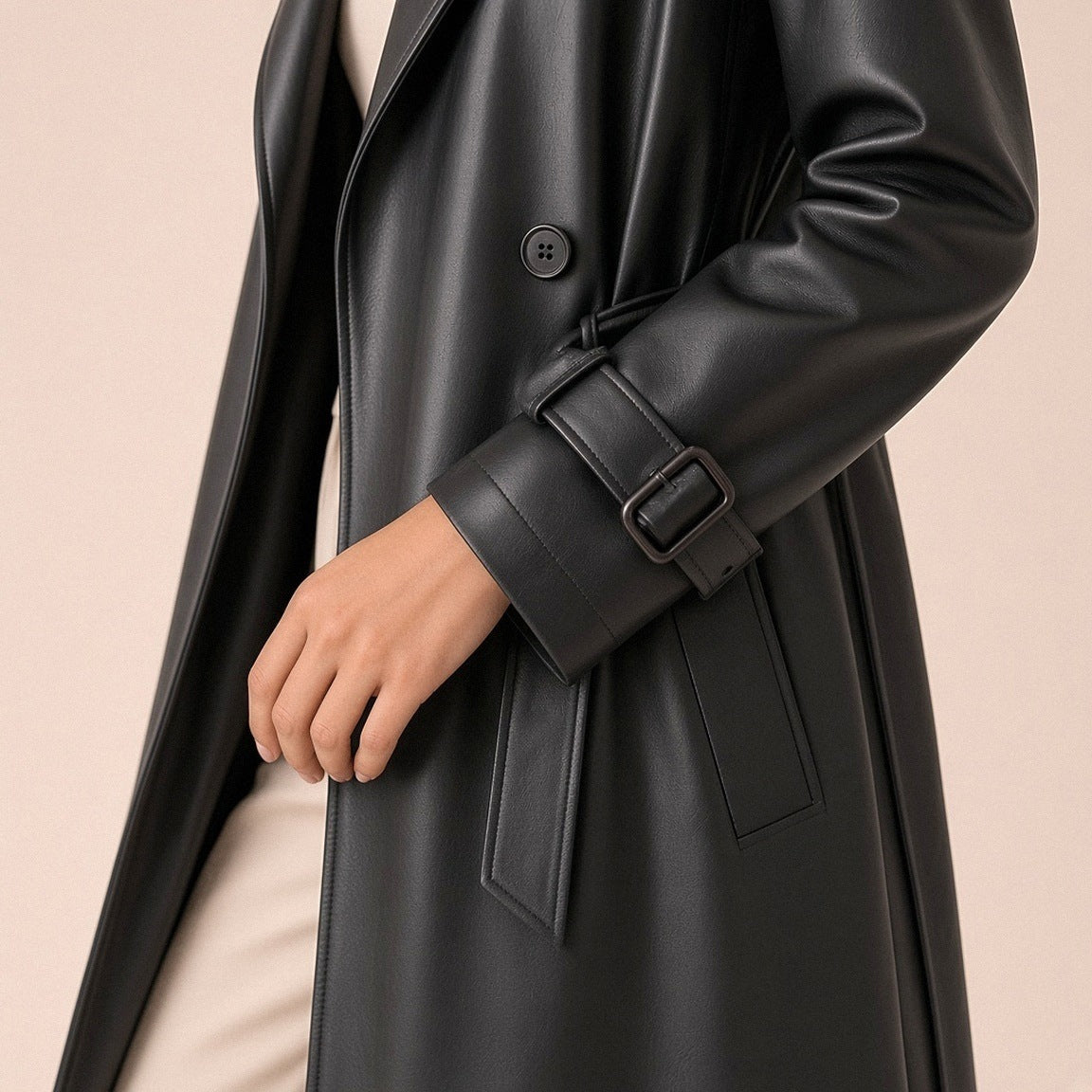 Trench long en cuir et microfibre SAKIWE noir, gros plan sur la patte de poignet à boucle