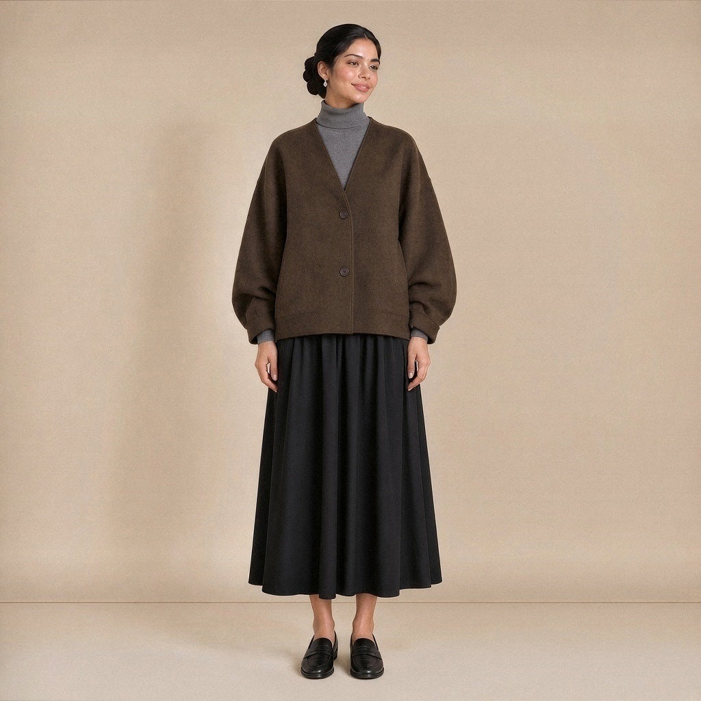 Veste courte cocon col V en laine mélangée, marron, portée de face en pied