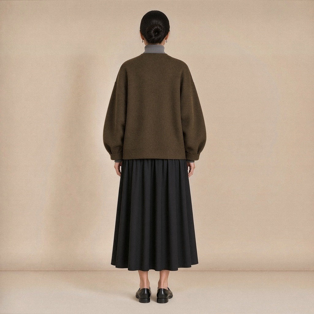 Veste courte cocon col V en laine mélangée, vert olive, portée de dos