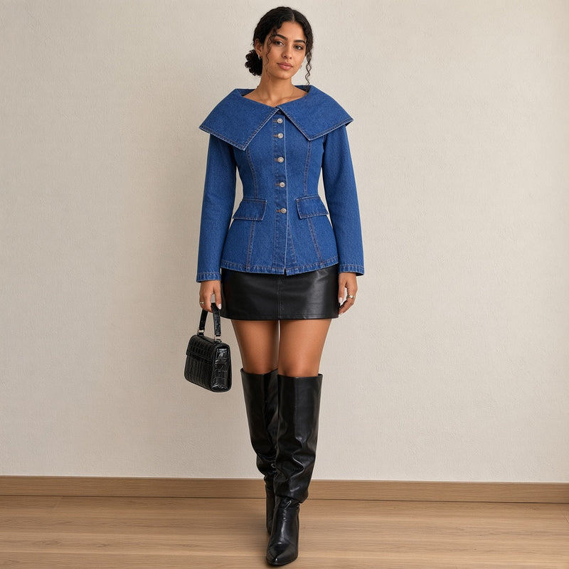 Veste en jean cintrée à grand col et boutons argentés, vue de face en pied – SAKIWÉ