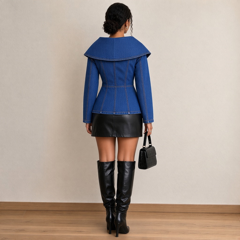 Veste en jean cintrée à grand col, vue de dos – SAKIWÉ