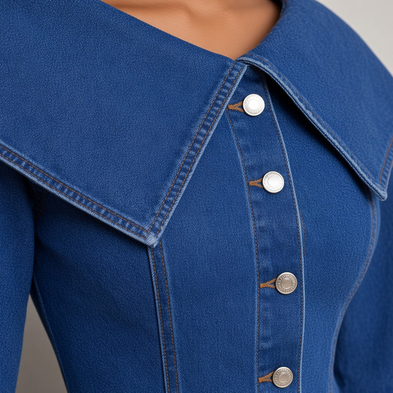 Détail du grand col, des boutons argentés et du grain du denim – SAKIWÉ