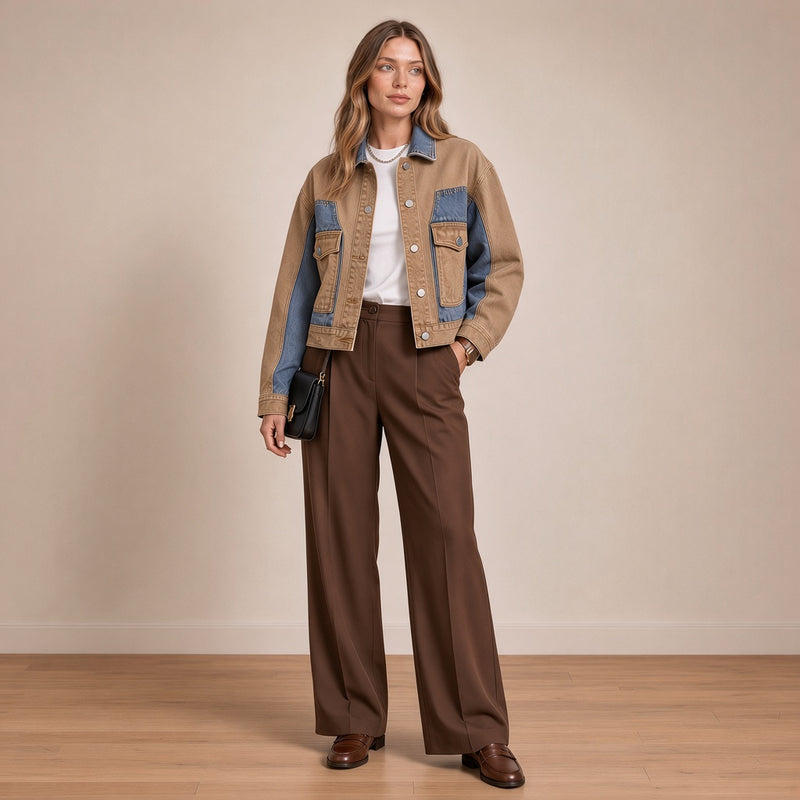 Veste en jean courte bicolore beige et bleu, vue de face en pied – SAKIWÉ