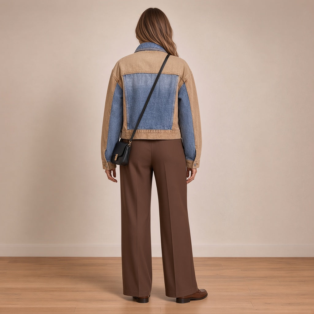 Veste en jean courte bicolore, vue de dos – SAKIWÉ