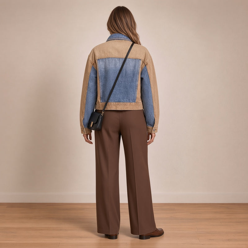 Veste en jean courte bicolore, vue de dos – SAKIWÉ
