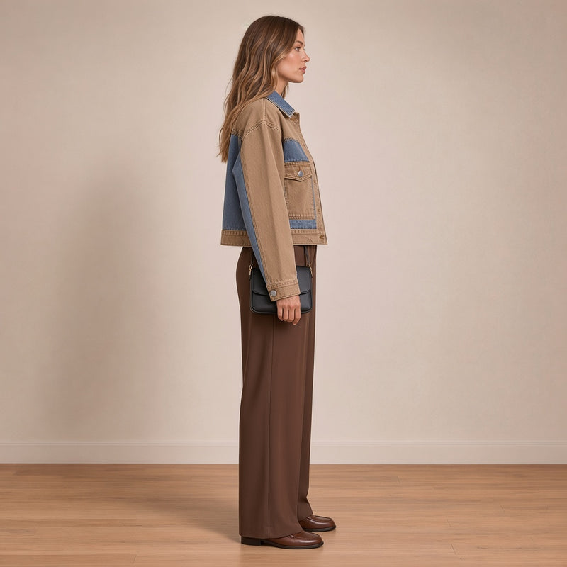 Veste en jean courte bicolore, vue de profil – SAKIWÉ
