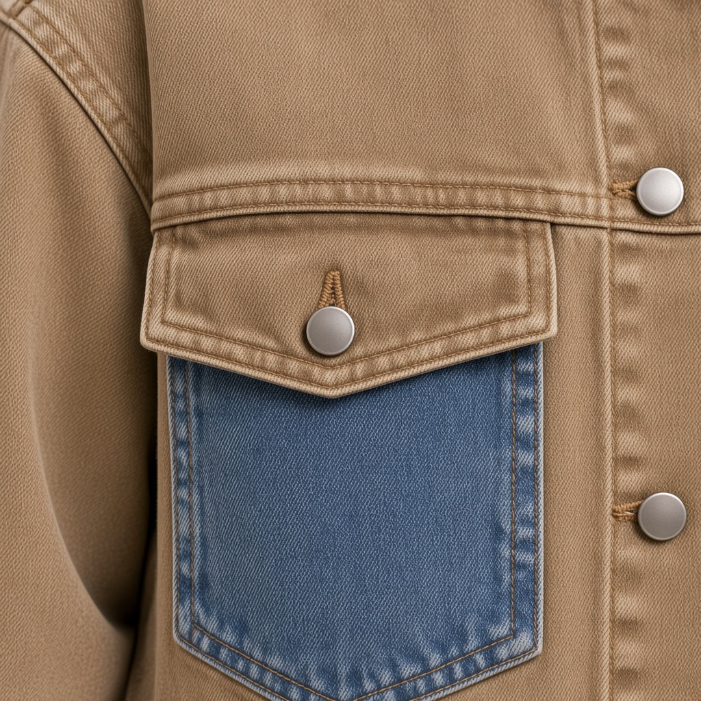 Détail des empiècements beige et bleu et du grain du denim – SAKIWÉ