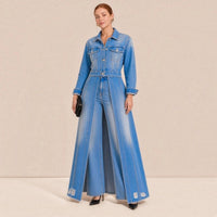 Veste longue en jean délavé à col chemise et ourlet effiloché