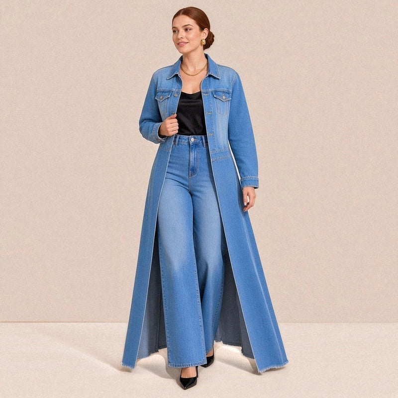 Veste longue en jean délavé portée ouverte sur un body en satin noir et un jean large