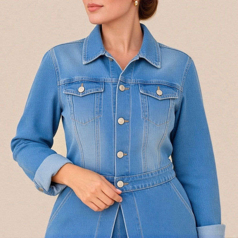 Détail du haut de la veste : col chemise, poches poitrine à rabat, boutons métalliques et poignet retroussé