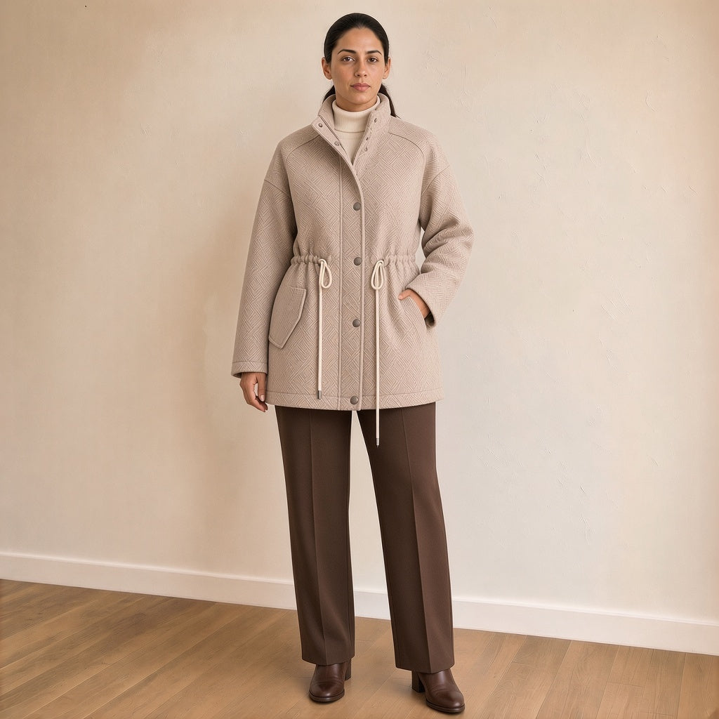 Veste mi-longue jacquard à col montant et taille coulissée, beige avoine, vue de face – SAKIWÉ
