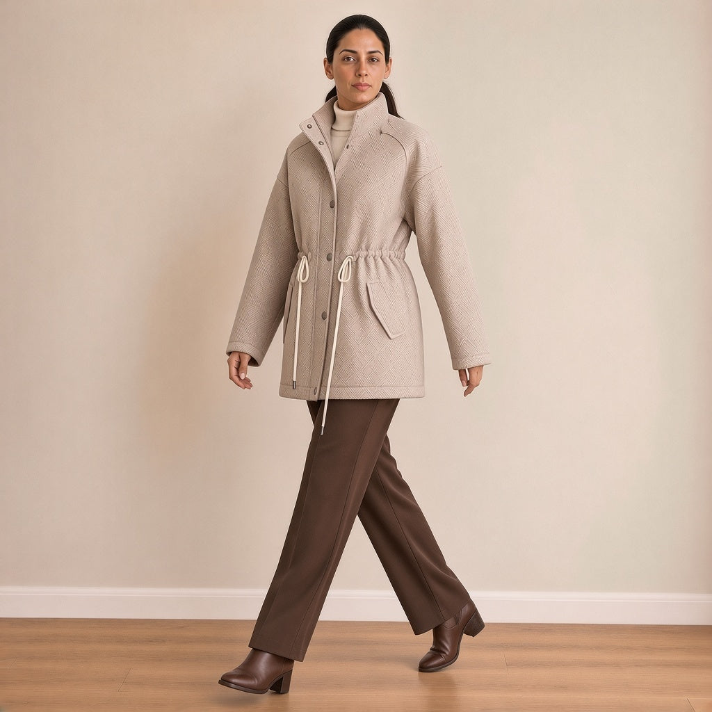 Veste mi-longue jacquard à col montant et taille coulissée, beige avoine, en marchant – SAKIWÉ