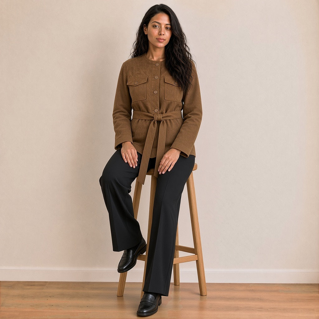 Veste saharienne ceinturée effet daim, marron café, assise – SAKIWÉ