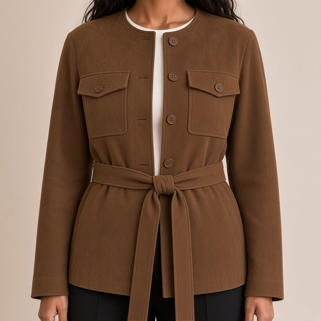 Veste saharienne ceinturée effet daim, détail du col, des boutons et des poches à rabat – SAKIWÉ