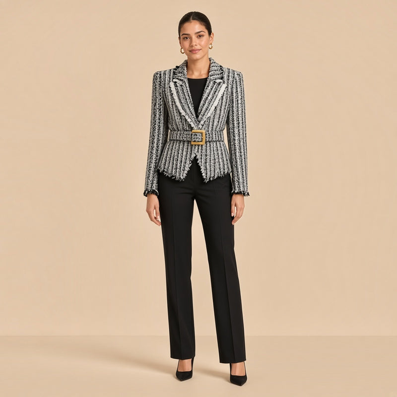 Veste en tweed noir et blanc ceinturée à revers frangés, portée de face