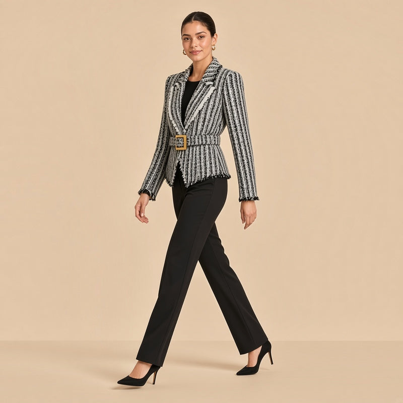 Veste en tweed noir et blanc ceinturée, en marche